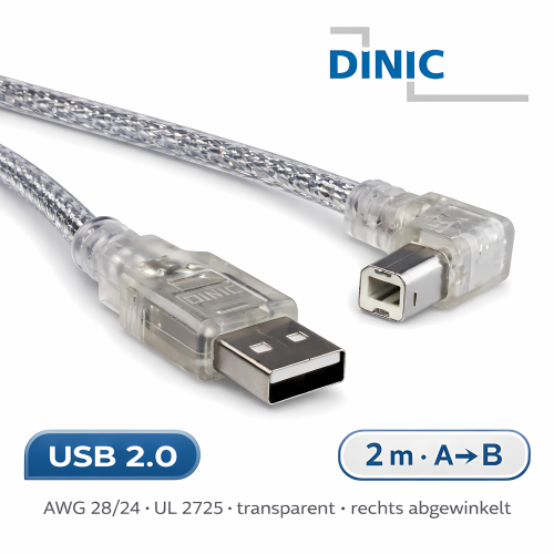 Cabo USB 2.0 A para B, angulado à direita, transparente, AWG 28/24, 2,00 m